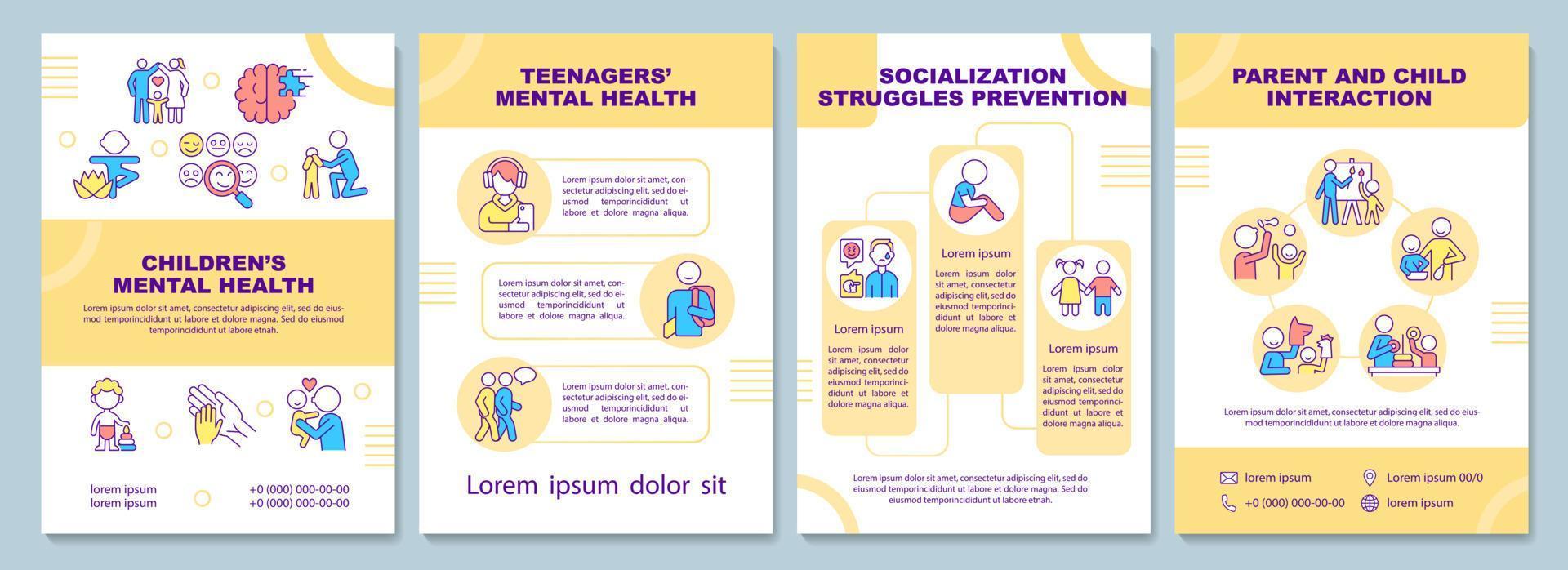 brochure sjabloon voor geestelijke gezondheid voor kinderen. socialisatie van het kind. flyer, boekje, folder afdrukken, omslagontwerp met lineaire pictogrammen. vectorlay-outs voor presentatie, jaarverslagen, advertentiepagina's vector