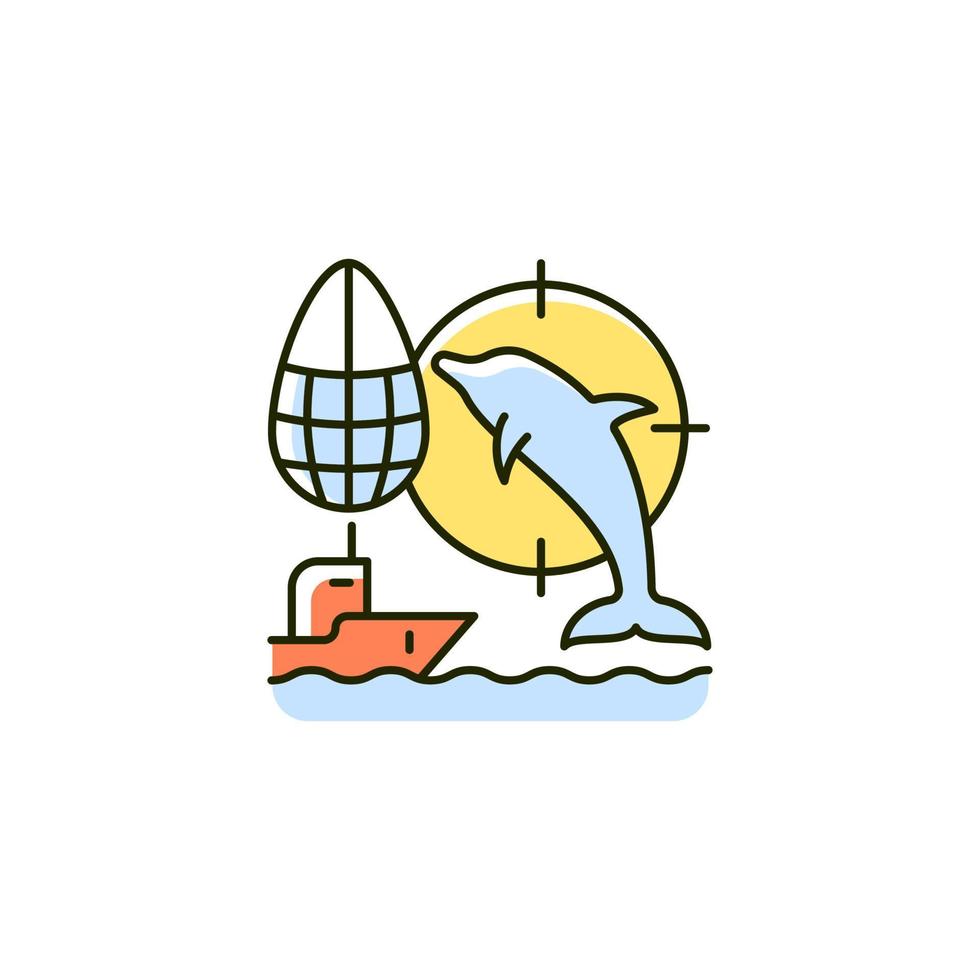 dolfijn drive jacht rgb kleur icoon. drijf dolfijnen met boot naar de kust en dood. manier van vissen. zeezoogdieren verhandelen naar dolfinarium. geïsoleerde vectorillustratie. eenvoudige gevulde lijntekening vector