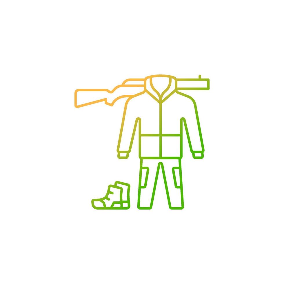 jacht versnelling gradiënt lineaire vector pictogram. kleding voor de jacht. camouflage-outfit. gereedschap en wapen. wandel- en reispakket. dunne lijn kleur symbool. moderne stijlpictogram. vector geïsoleerde overzichtstekening