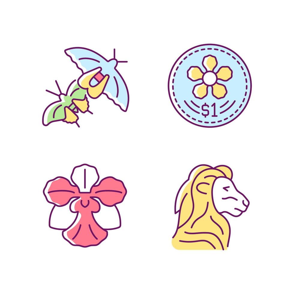 nationale dier en bloem van singapore rgb kleur iconen set. munten ontwerp. vlinder soorten. leeuwenkop symbool. orchidee. geïsoleerde vectorillustraties. verzameling eenvoudige gevulde lijntekeningen vector