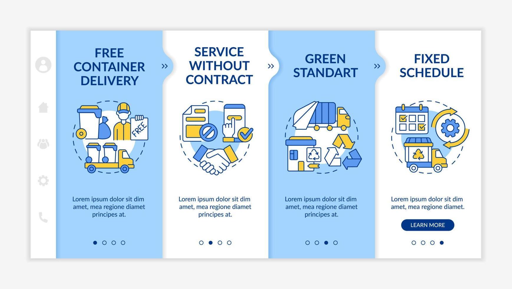 afvalinzamelingsservice biedt onboarding-vectorsjabloon. responsieve mobiele website met pictogrammen. webpagina walkthrough 4 stap schermen. kleurenconcept voor afvalbeheer met lineaire illustraties vector