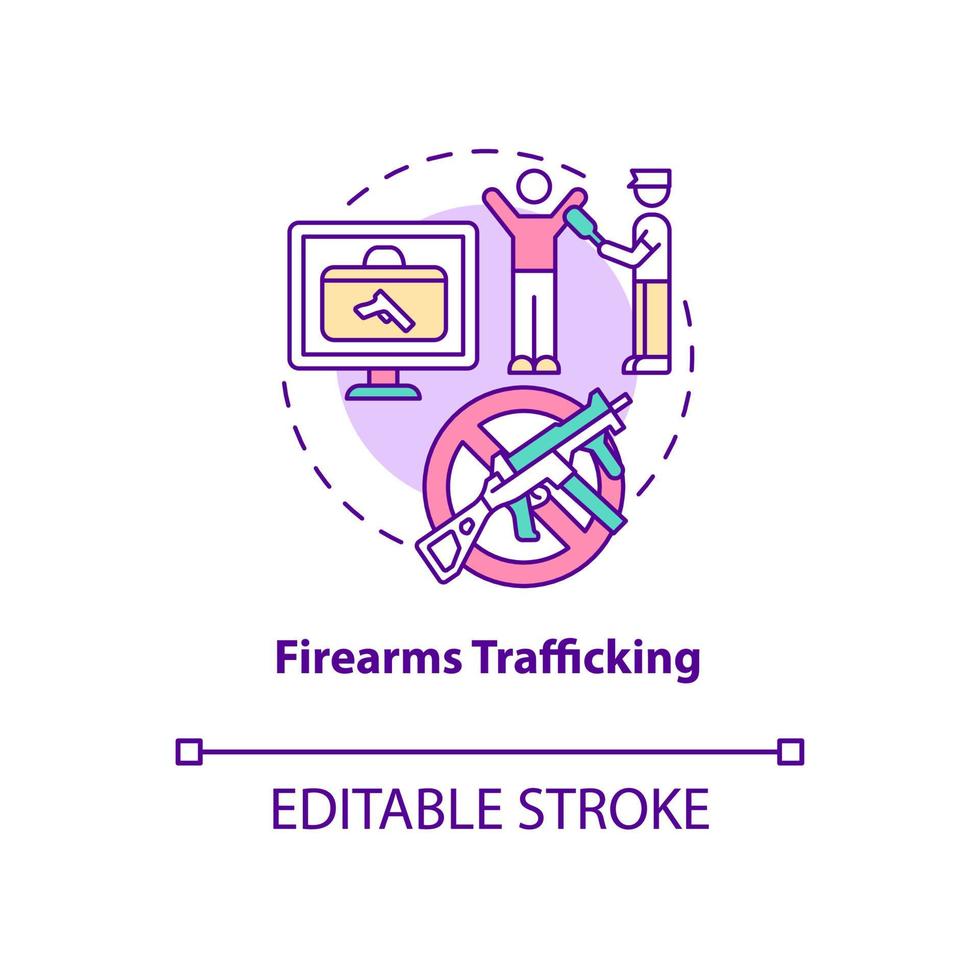 vuurwapenhandel concept icoon. bewaker op zoek naar wapens. smokkelaar arresteren. deportatie abstracte idee dunne lijn illustratie. vector geïsoleerde omtrek kleur tekening. bewerkbare streek