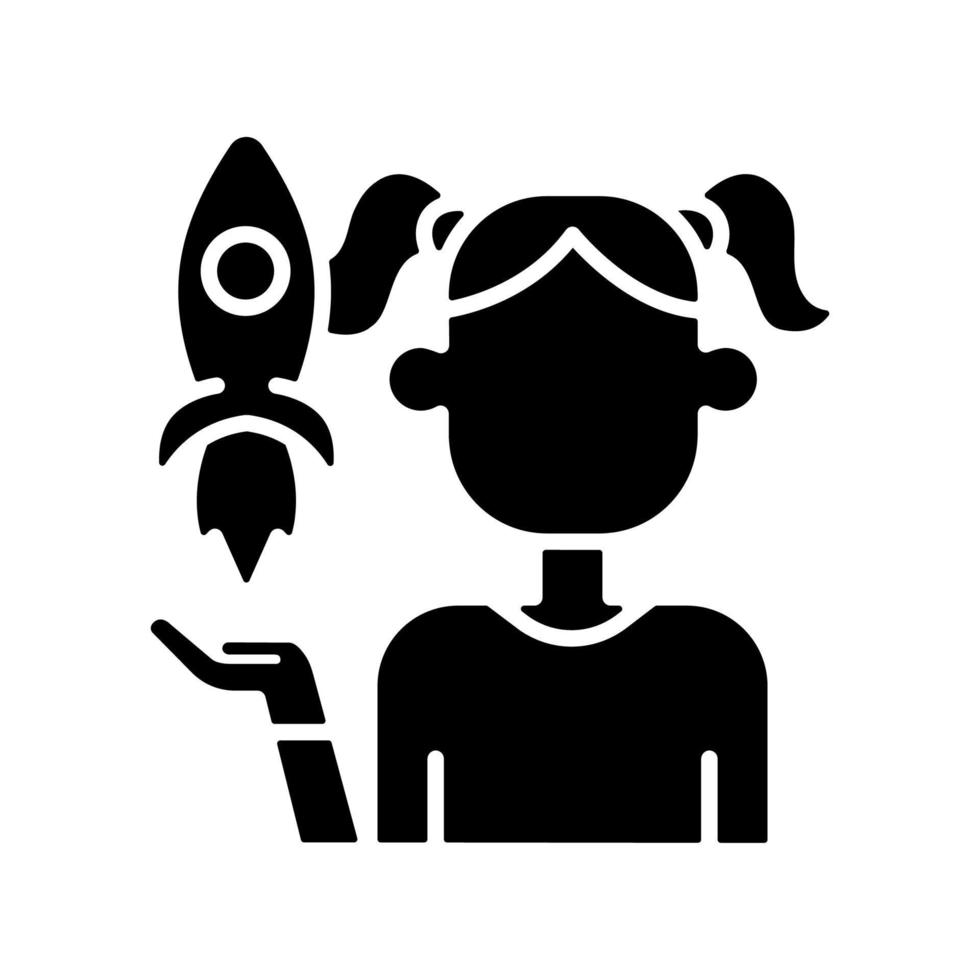 het bevorderen van kinderen creativiteit zwarte glyph pictogram. onderwijzen en aanmoedigen van kinderen. kind ondersteunen bij hobby en onderwijs. fantasie van kinderen. silhouet symbool op witte ruimte. vector geïsoleerde illustratie