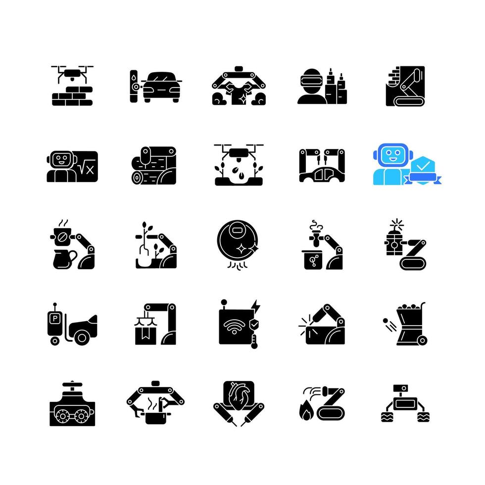 automatisering zwarte glyph pictogrammen instellen op witruimte. geavanceerde fabricage. het dagelijks leven verbeteren. met behulp van robothanden. apparatuur om systemen te automatiseren. silhouet symbolen. vector geïsoleerde illustratie