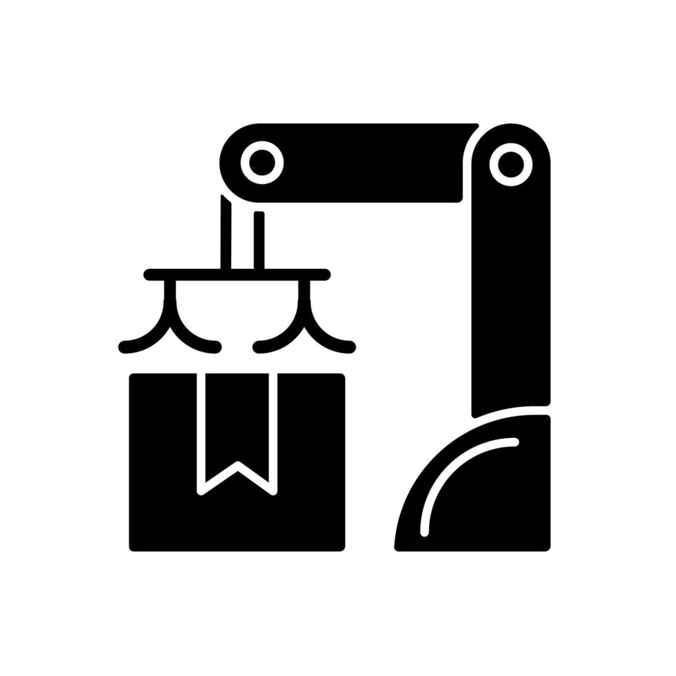 verpakking robot zwarte glyph pictogram. robotverpakking. materiaal behandeling. geautomatiseerde oplossing. picken, plaatsen van artikelen. applicatie uitpakken. silhouet symbool op witte ruimte. vector geïsoleerde illustratie