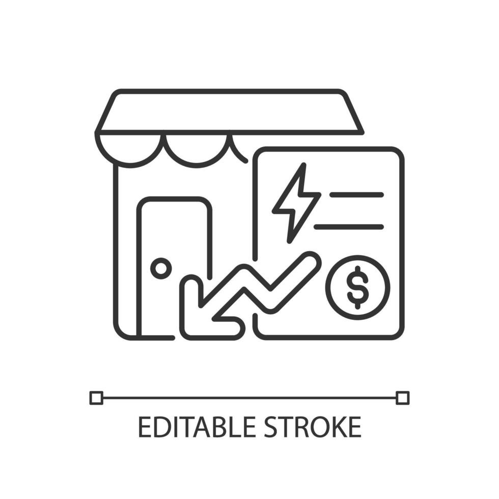 verminderde gemeenschappelijke betalingen lineaire pictogram. nutsvoorziening voor kleine bedrijven. servicekosten voor nutsvoorzieningen. dunne lijn aanpasbare illustratie. contour symbool. vector geïsoleerde overzichtstekening. bewerkbare streek