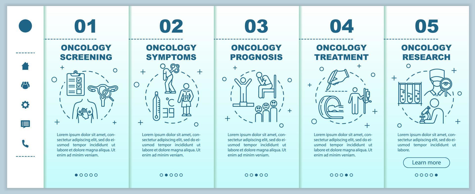 oncologie onboarding vector sjabloon. ziekteonderzoek en behandeling. symptomen en prognose van kanker. responsieve mobiele website met pictogrammen. webpagina walkthrough stap schermen. RGB-kleurconcept