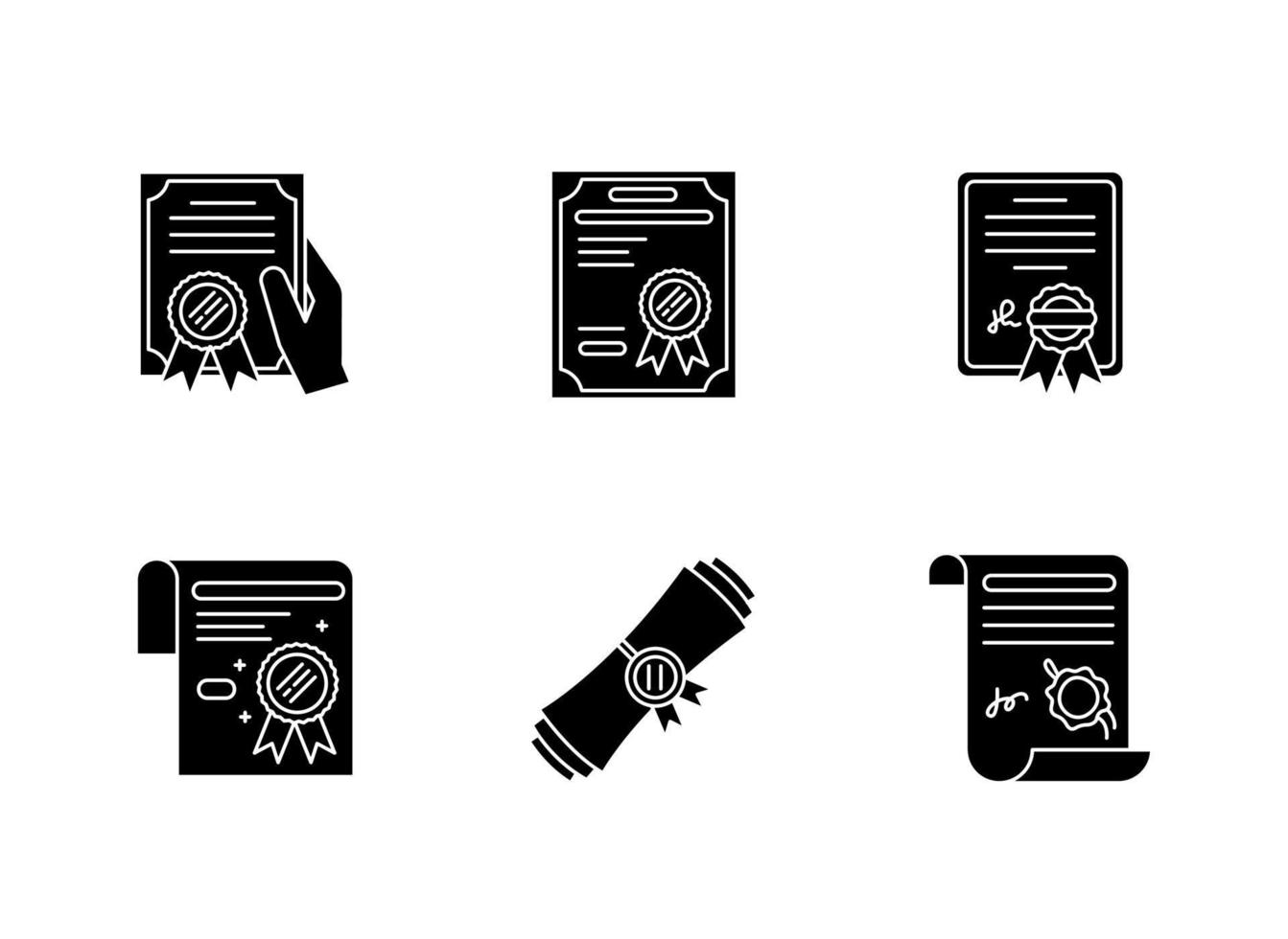 certificaten zwarte glyph pictogrammen instellen op witruimte. apostille en legalisatie. diploma. opleiding. prestatie. prijs. juridisch papier. notaris diensten. silhouet symbolen. vector geïsoleerde illustratie