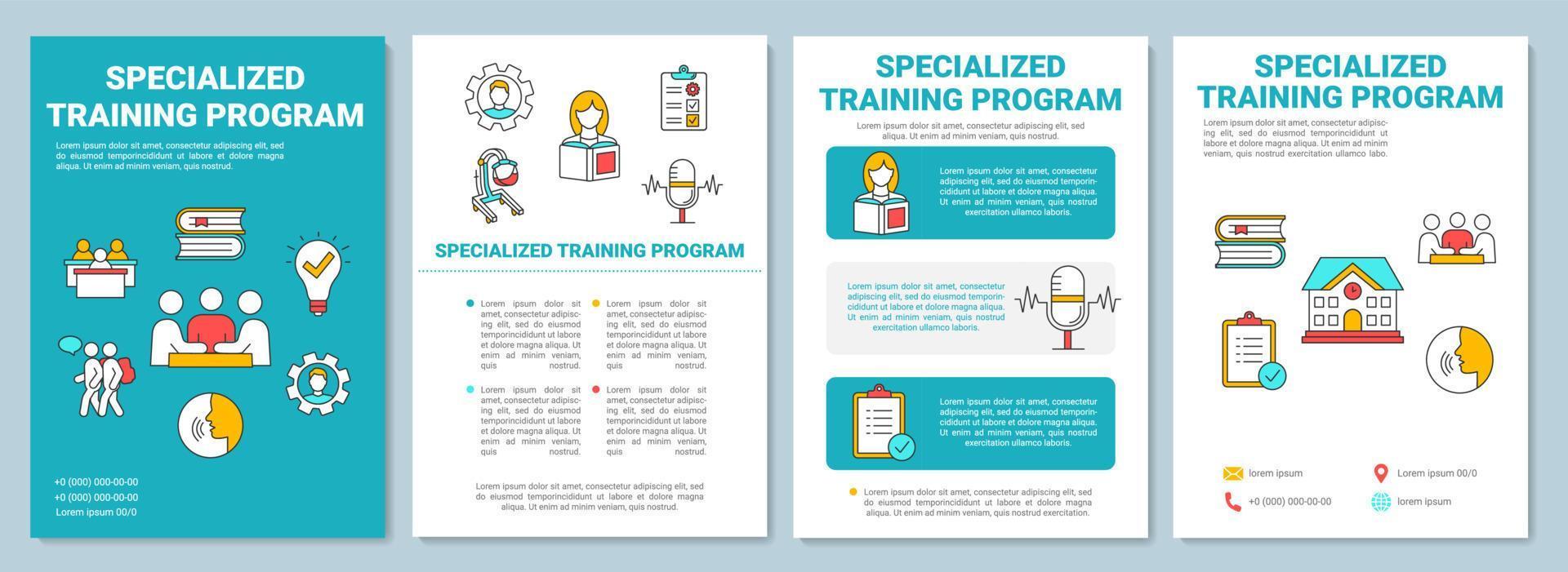 brochuresjabloon voor gespecialiseerd trainingsprogramma. inclusief onderwijs. flyer, boekje, folder afdrukken, omslagontwerp met lineaire pictogrammen. vectorlay-outs voor tijdschriften, jaarverslagen, reclameposters vector