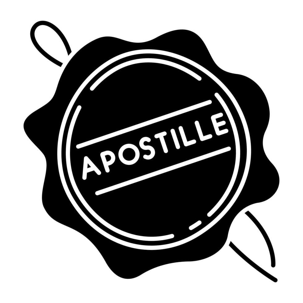 apostille lakzegel zwarte glyph pictogram. notaris diensten stempel. legalisatie. notariële notarieel document. validatie, bevestiging. silhouet symbool op witte ruimte. vector geïsoleerde illustratie