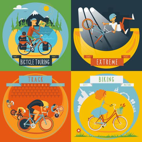 Fietsen 4 plat pictogrammen banner vector