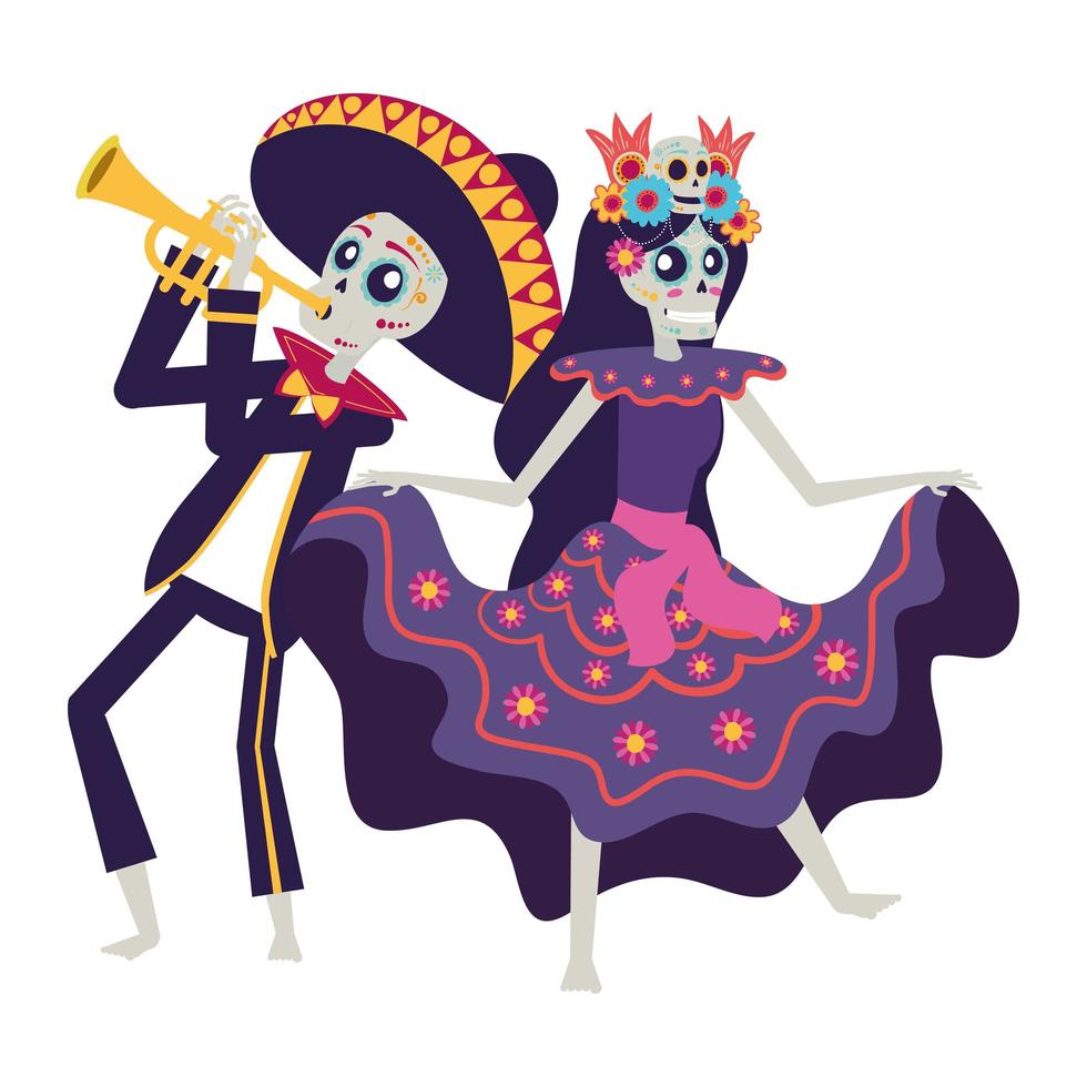 catrina en mariachi spelen trompetpersonages vector