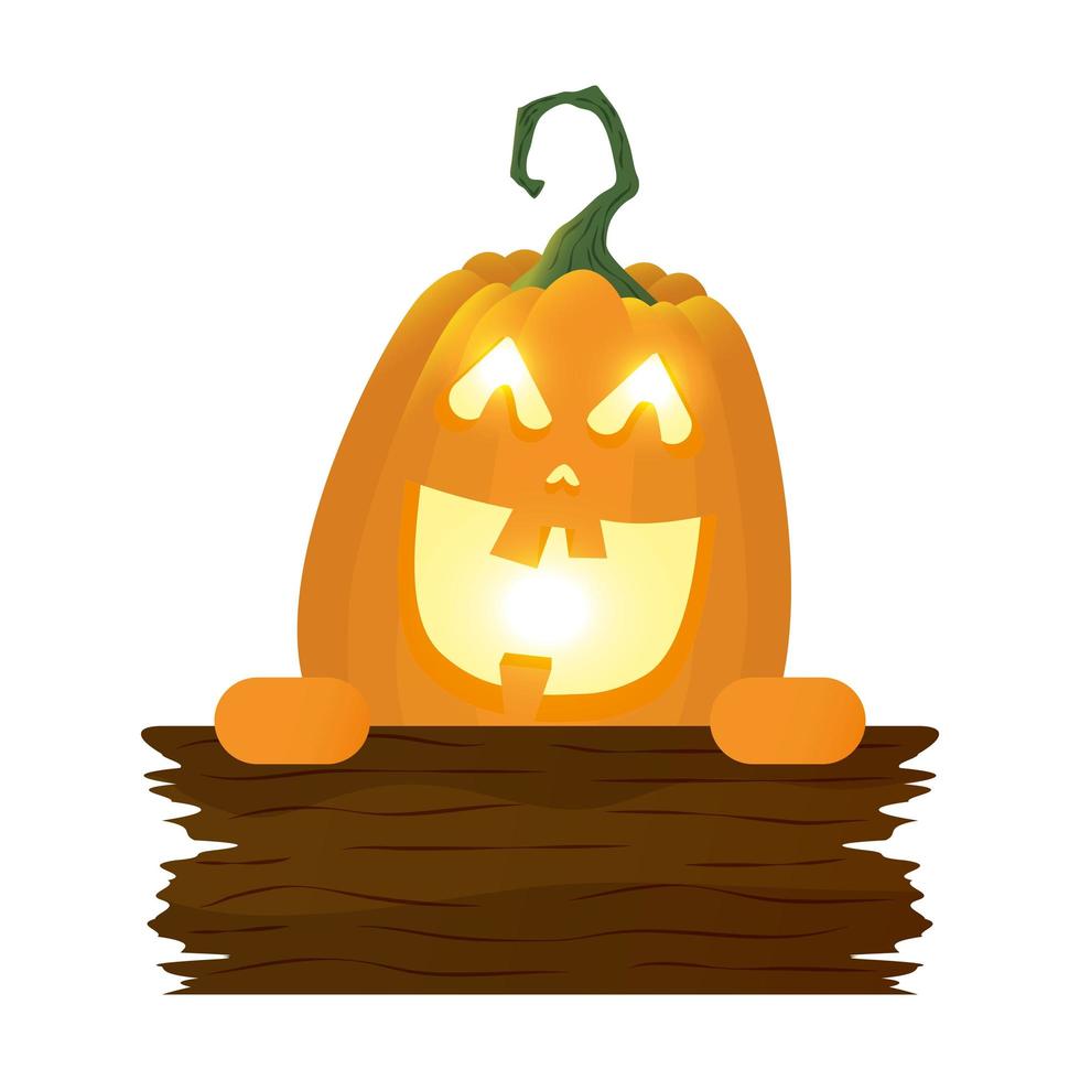 Halloween-pompoenlamp met gezicht en houten label vector