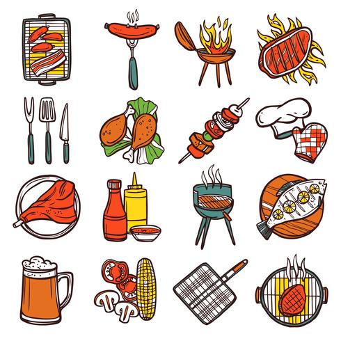 Bbq Grill gekleurde pictogrammen instellen vector