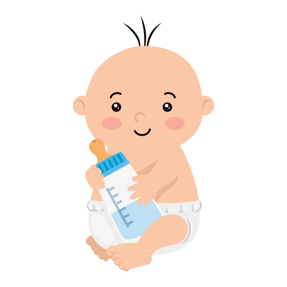 schattige kleine babyjongen met fles melk geïsoleerd pictogram vector