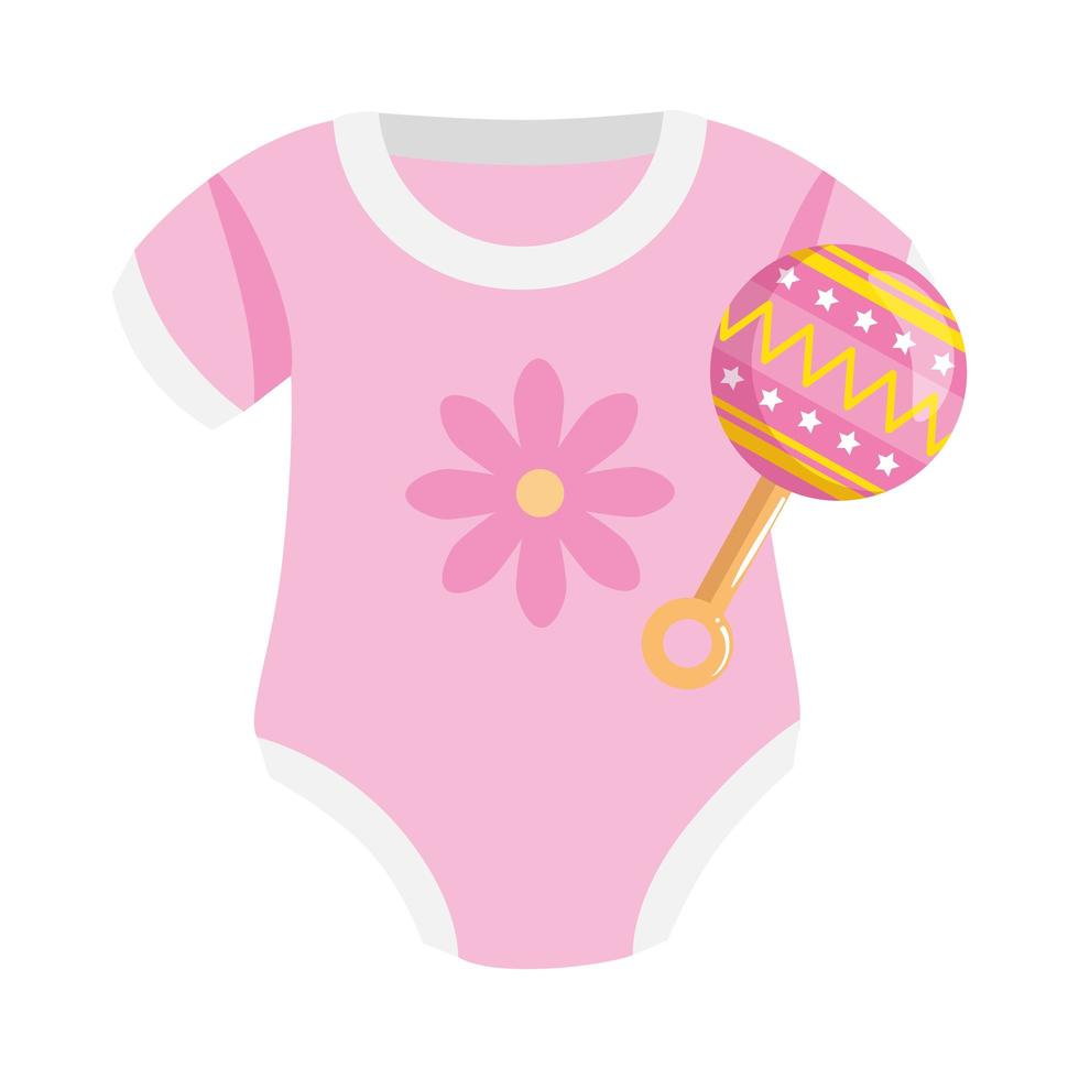 schattige kleding babymeisje met rammelaar geïsoleerd pictogram vector
