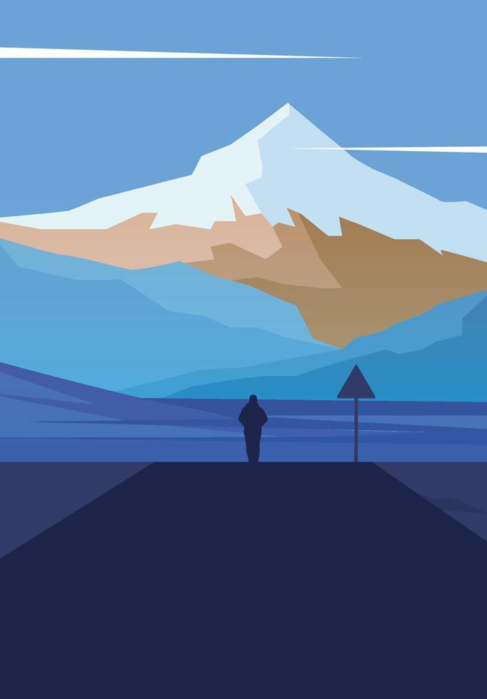 landschap illustratie uitzicht op de bergen silhouet man vector