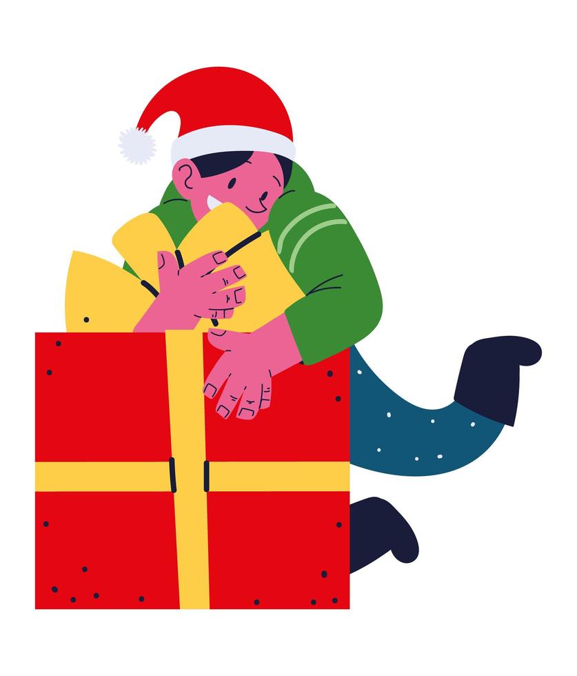 jongen die een kerstcadeau knuffelt vector