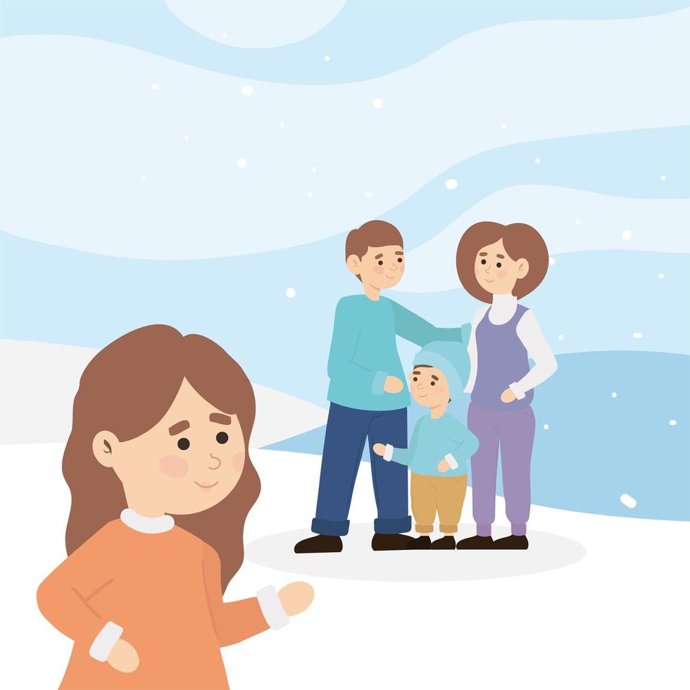 familie en wintersneeuw vector