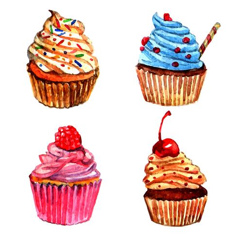 Aquarel cupcakes pictogrammen instellen vector