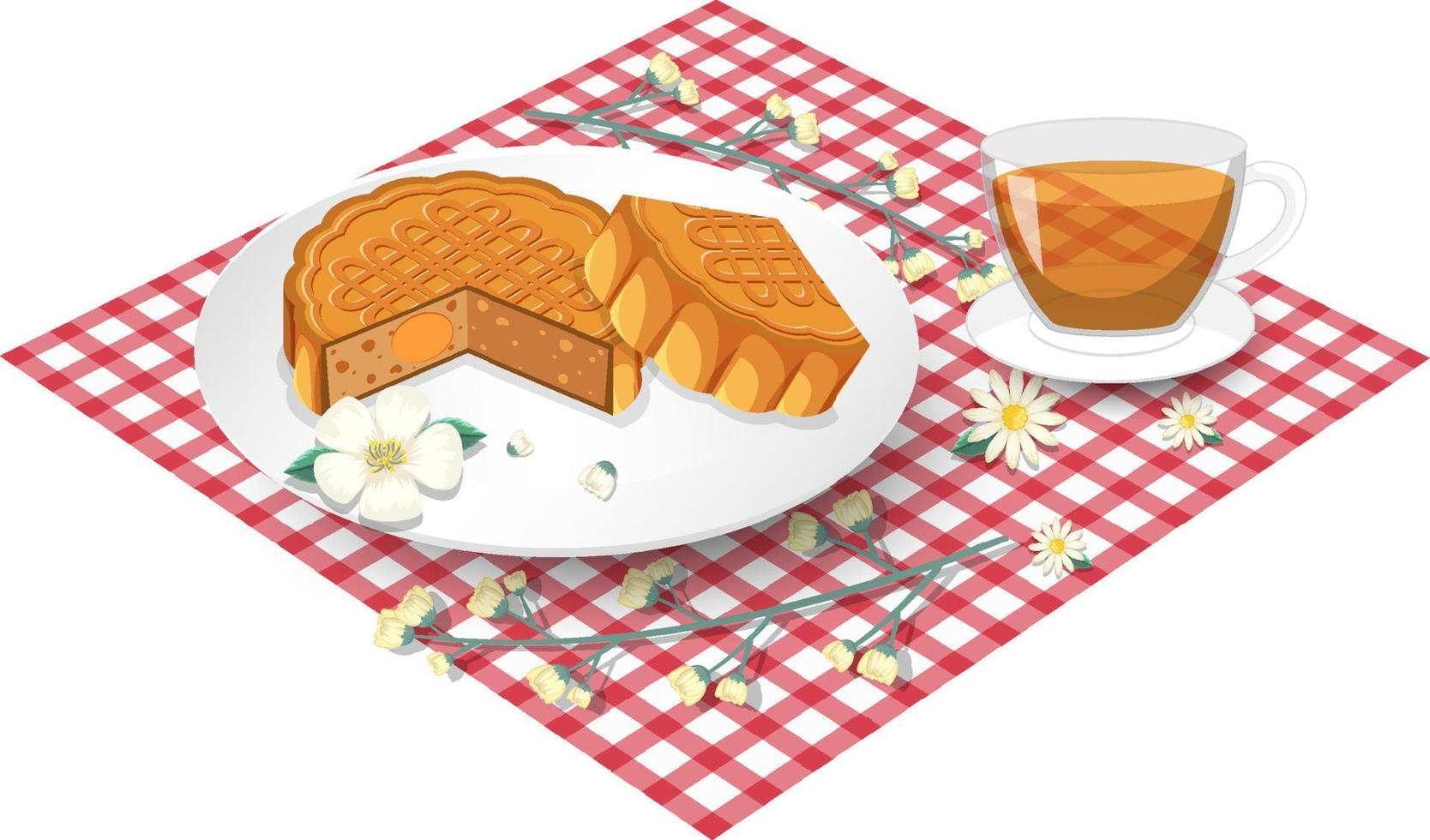 lotus mooncake met theekopje op tafelkleed vector