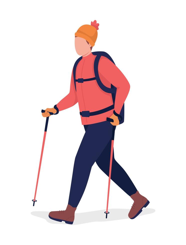 man op nordic walk semi egale kleur vector karakter. poserend figuur. volledige lichaamspersoon op wit. openluchtrecreatie geïsoleerde moderne cartoon-stijlillustratie voor grafisch ontwerp en animatie