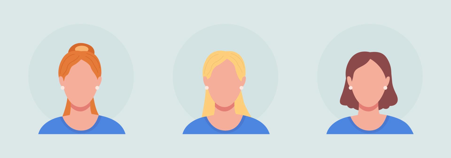 vrouw met drie haartypes kleur semi egale kleur vector avatar tekenset. portret van vooraanzicht. geïsoleerde moderne cartoonstijlillustratie voor grafisch ontwerp en animatiepakket