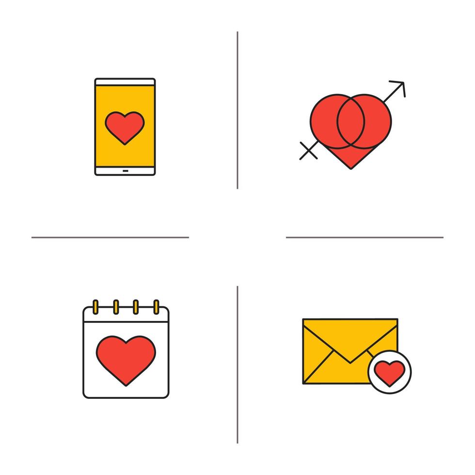 Valentijnsdag gekleurde pictogrammen instellen. 14 februari kalender, smartphone dating app, liefdesbrief, hart met in elkaar grijpende mars en venus symbolen. geïsoleerde vectorillustraties vector