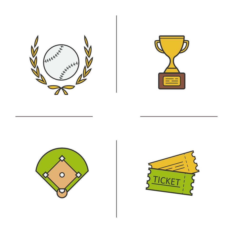 honkbal gekleurde pictogrammen instellen. honkbalprijs, bal-, veld- en wedstrijdkaartjes. softbal apparatuur kleur pictogrammen. honkbal sport logo concepten. geïsoleerde vectorillustraties vector