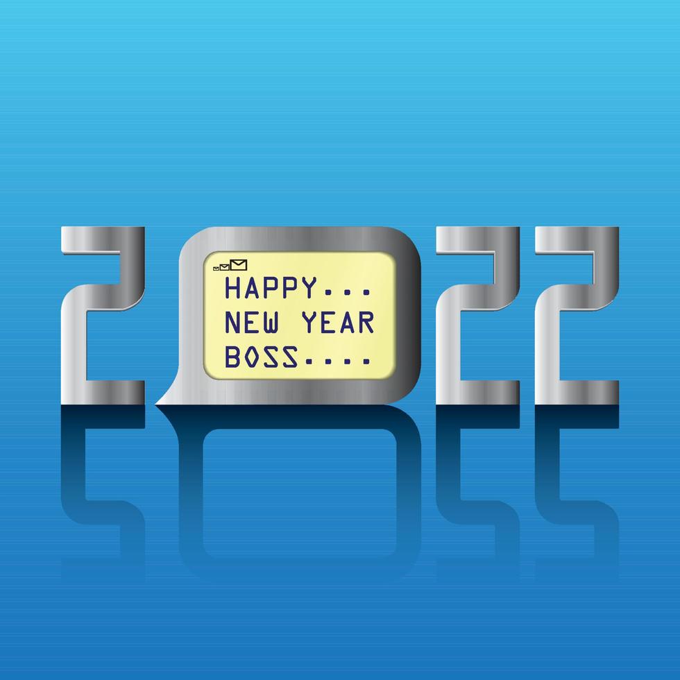 nieuwjaar 2022-ontwerp met zilveren kleur en de woorden gelukkig nieuwjaar baas in het midden van de nul, een illustratie van een digitale klok, perfect voor het verfraaien van je nieuwe tajun-ontwerp in 2022 vector