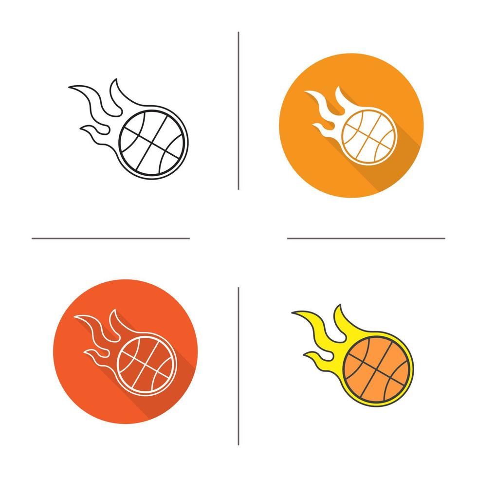 basketbal bal plat ontwerp, lineaire en gekleurde pictogrammen instellen. brandende balcontour en lange schaduwsymbolen. basketbal bal logo concepten. geïsoleerde vectorillustraties. infographic elementen vector