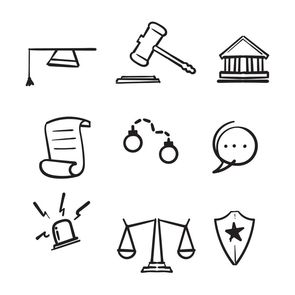 hand getekende wet en rechtvaardigheid lijn pictogrammen instellen vectorillustratie. doodle schets vector