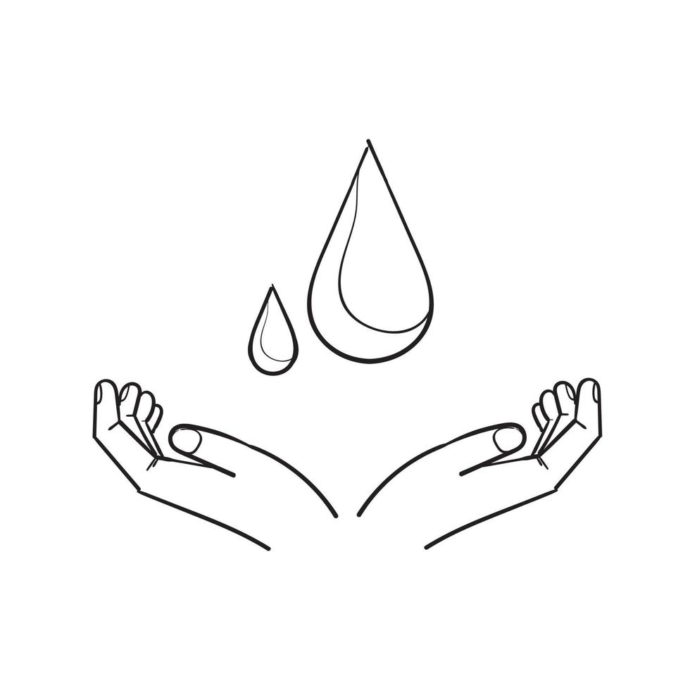 met de hand getekende waterdruppels op de handpalmen symbool voor dermatologie getest pictogram illustratie doodle stijl vector