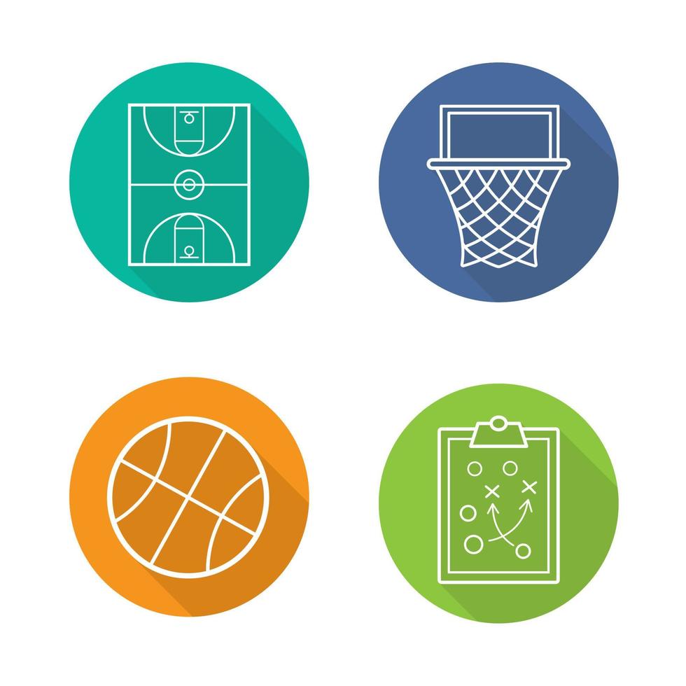 basketbal vlakke lineaire lange schaduw iconen set. basketbalveld, bal en mand, spelplan voor klembord. uitrusting voor teamsporten. vector