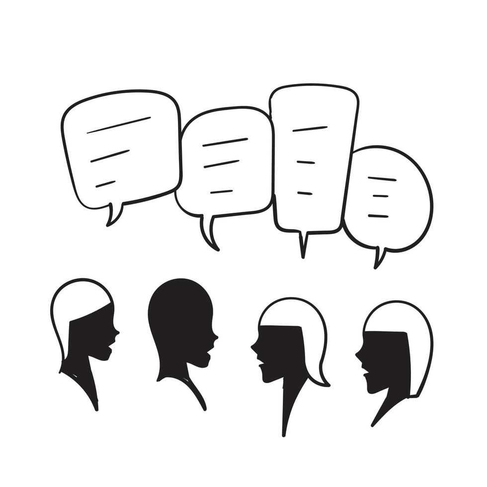 handgetekende groep mensen bespreken sociaal netwerk, nieuws, sociale netwerken, chat, dialoog tekstballonnen. doodle stijl vector
