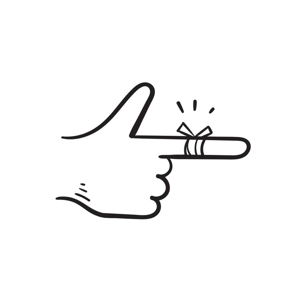 handgetekende gekwetste vinger met verbandpictogram, gekwetste gewonde vingerillustratie in doodle-stijl vector