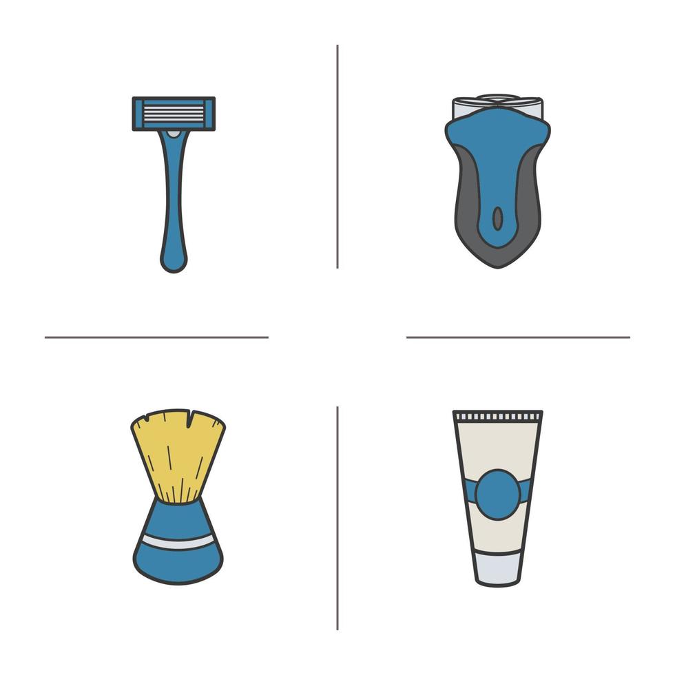 scheren accessoires kleur iconen set. elektrisch scheerapparaat, scheermes, scheerkwast en aftershavecrème. geïsoleerde vectorillustraties vector