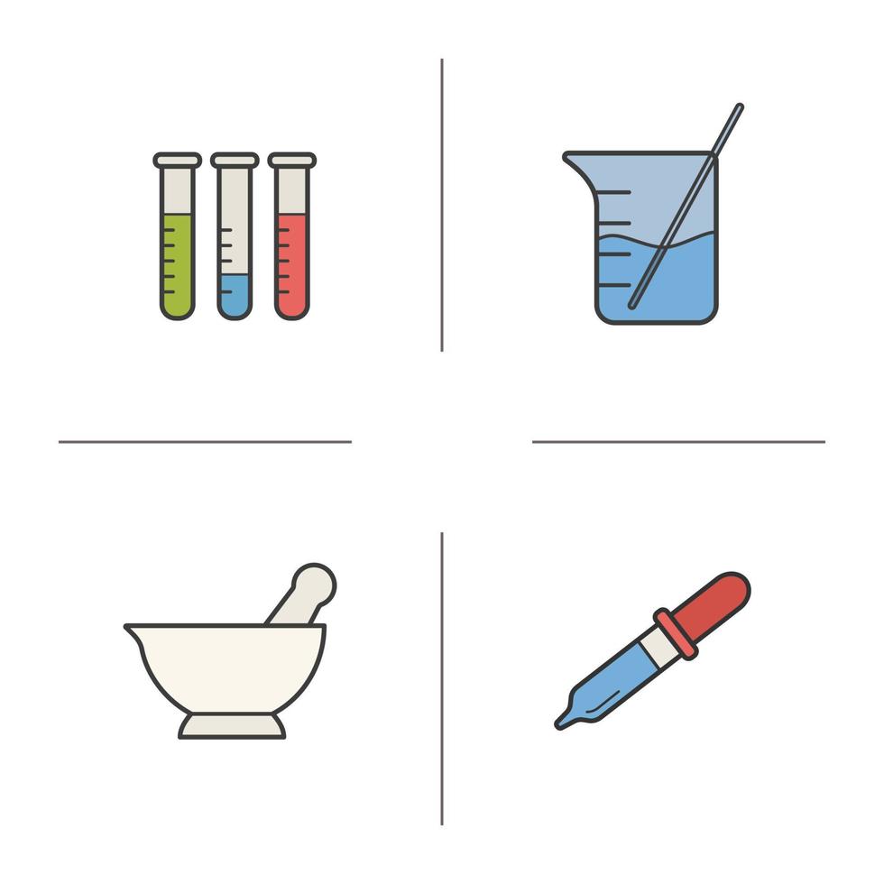 chemische lab apparatuur gekleurde pictogrammen instellen. reageerbuisjes, vijzel en stamper, beker met staaf en pipet. geïsoleerde vectorillustraties vector