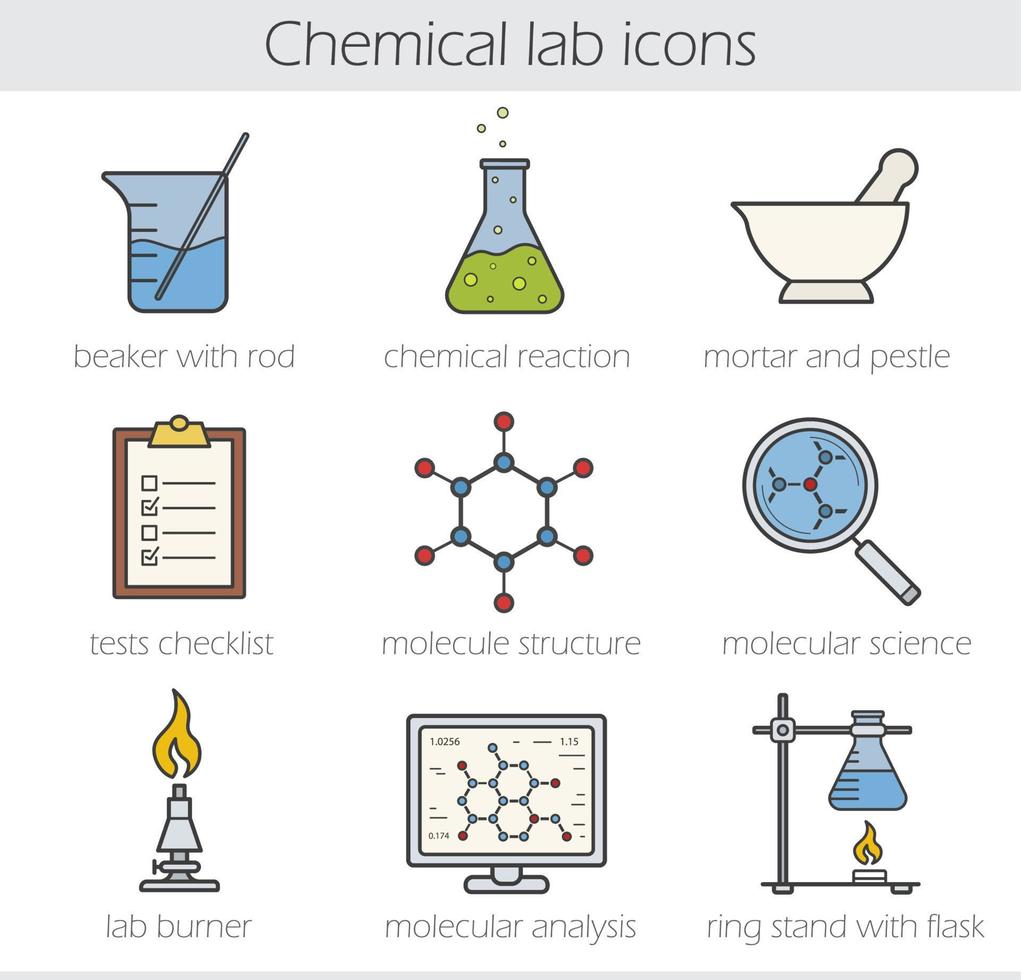 chemisch laboratorium gekleurde pictogrammen instellen. beker met staaf, chemische reactie, vijzel en stamper. test checklist, molecuulstructuur, laboratoriumbrander, moleculaire wetenschap, ringstandaard. geïsoleerde vectorillustraties vector