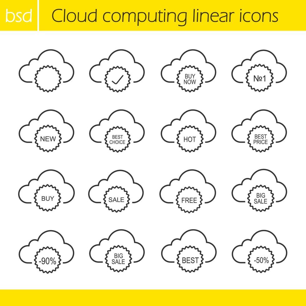 cloud computing lineaire pictogrammen instellen. koop nu, beste keuze en beste prijs. koop, verkoop, gratis, nieuwe, hot en beste pictogrammen. dunne lijn. geïsoleerde vectorillustraties vector