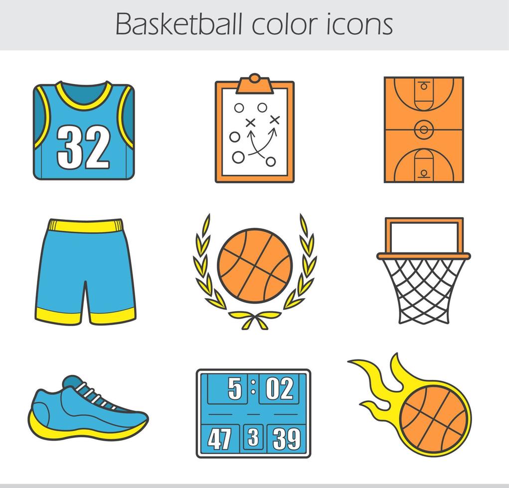 basketbal gekleurde pictogrammen instellen. t-shirt, korte broek, brandende bal, veld, scorebord, sneaker, spelplan, hoepel en bal in lauwerkrans. geïsoleerde vectorillustraties vector