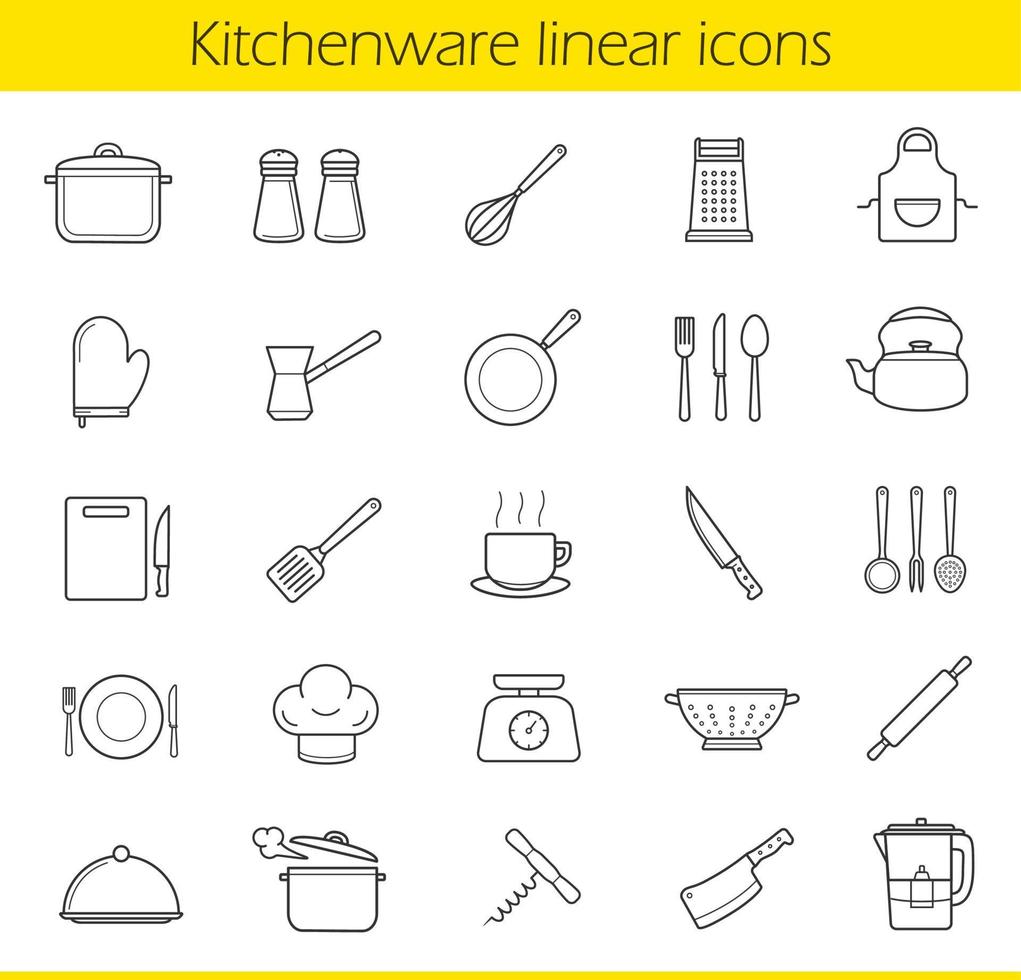 keukengerei lineaire pictogrammen instellen. keukengereedschap en apparaten dunne lijn contour symbolen. huishoudelijk kookgerei. thee en koffie artikelen. restaurant chef-koks apparatuur. geïsoleerde vectorillustraties vector