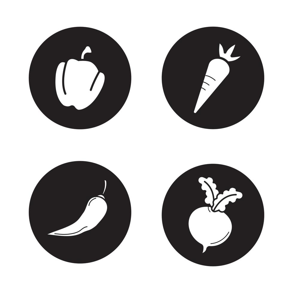 groenten zwarte pictogrammen instellen. paprika, wortel, chili en biet. witte vectorillustraties in cirkels vector