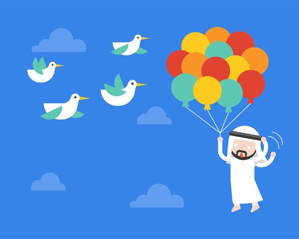 Arabische zakenman vliegen met ballon in de hemel, bang vogels porren zijn ballon vector