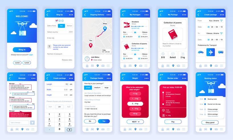 Set van UI, UX, GUI-schermen Levering app platte ontwerpsjabloon voor mobiele apps, responsieve website wireframes. UI-kit voor webontwerp. Bezorgingsdashboard. vector