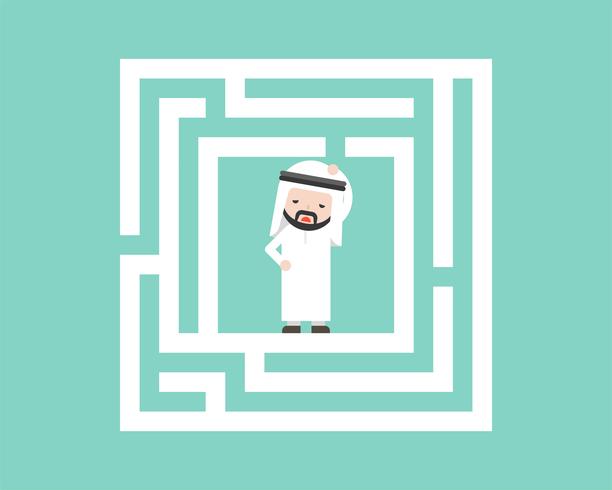 Verwarde Arabische zakenman in labyrint, platte ontwerp oplossing concept vector