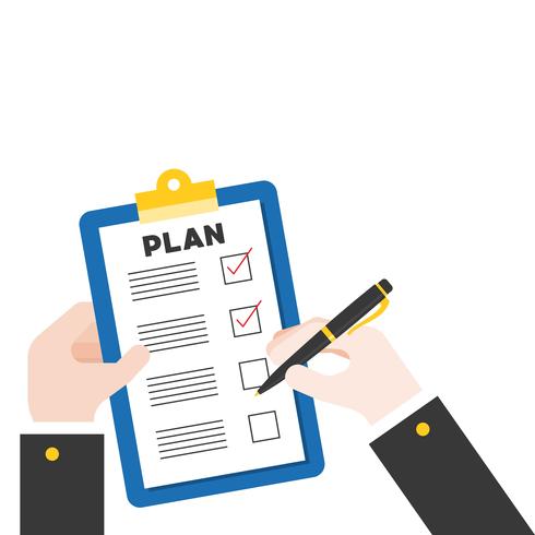 Hand met pen en klembord met plan checklist vector