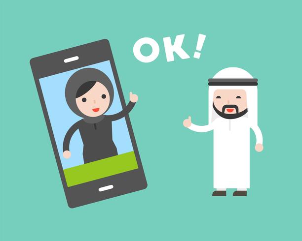 Arabische zakenmancommunicatie met bedrijfsvrouw door cellphone vector