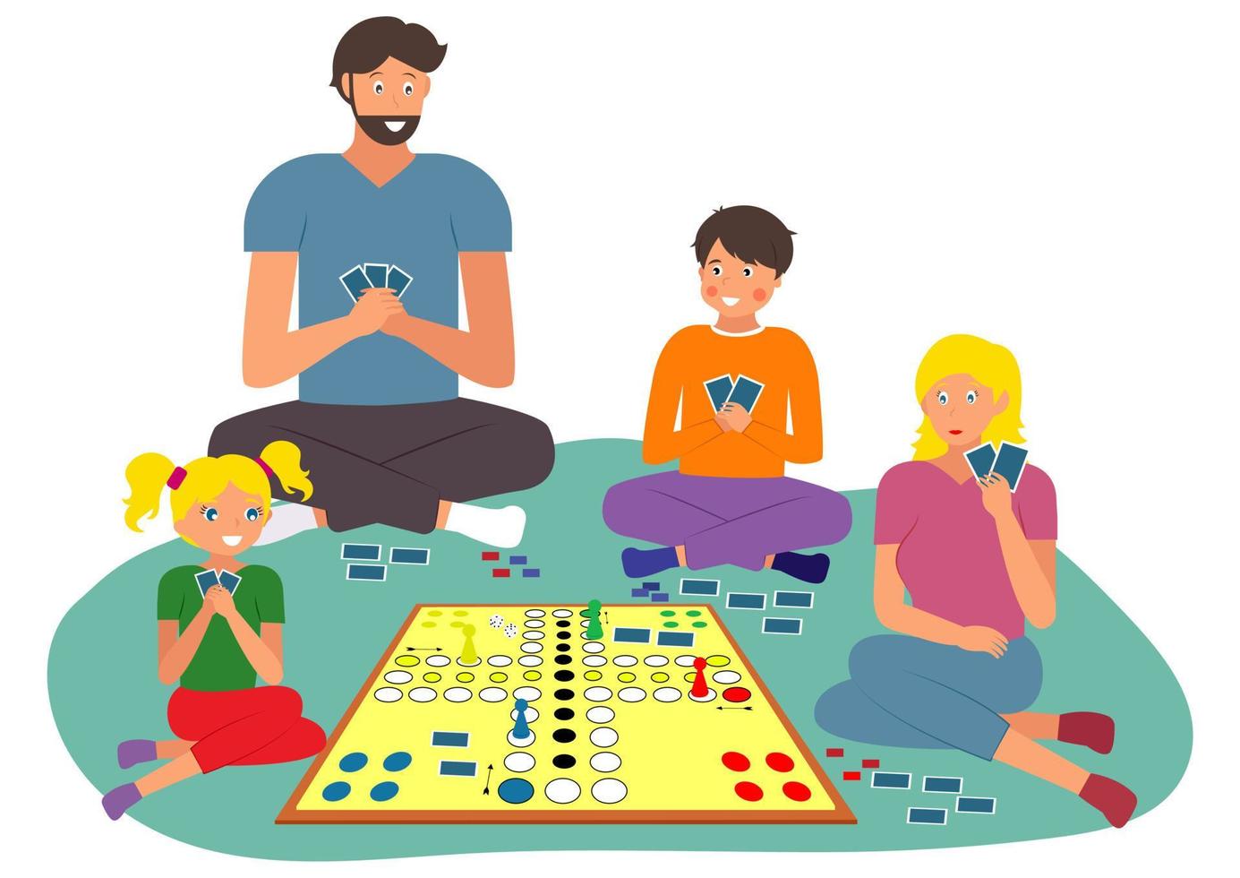 familie nachtspel thuisactiviteiten. mensen hebben thuis plezier met kaartspellen op de vloer. tijd doorbrengen familie. bordspel vector