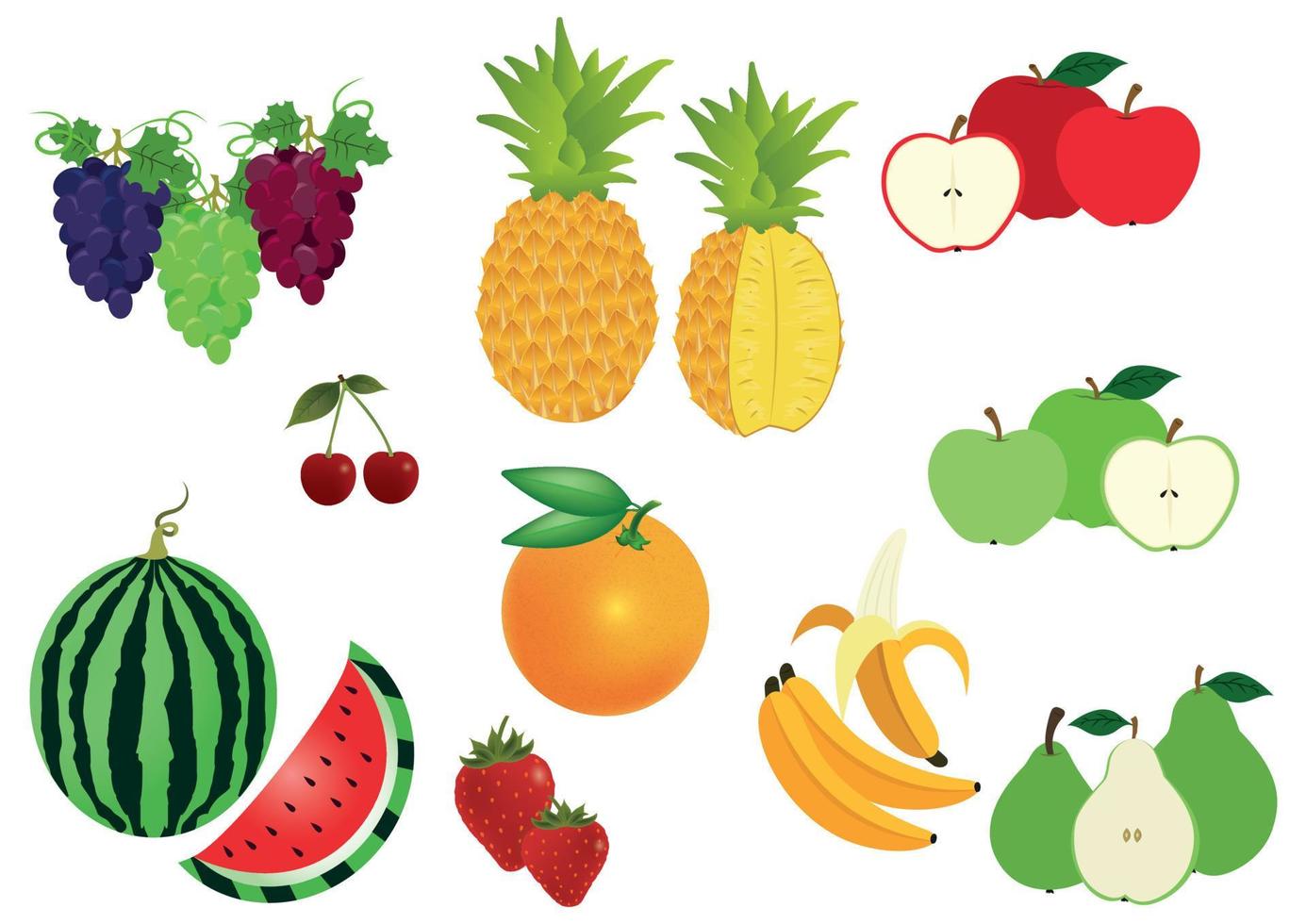 set van fruit geïsoleerd op een witte achtergrond. sinaasappelen, druiven, appels, peren, kersen, aardbeien, ananas, bananen vector